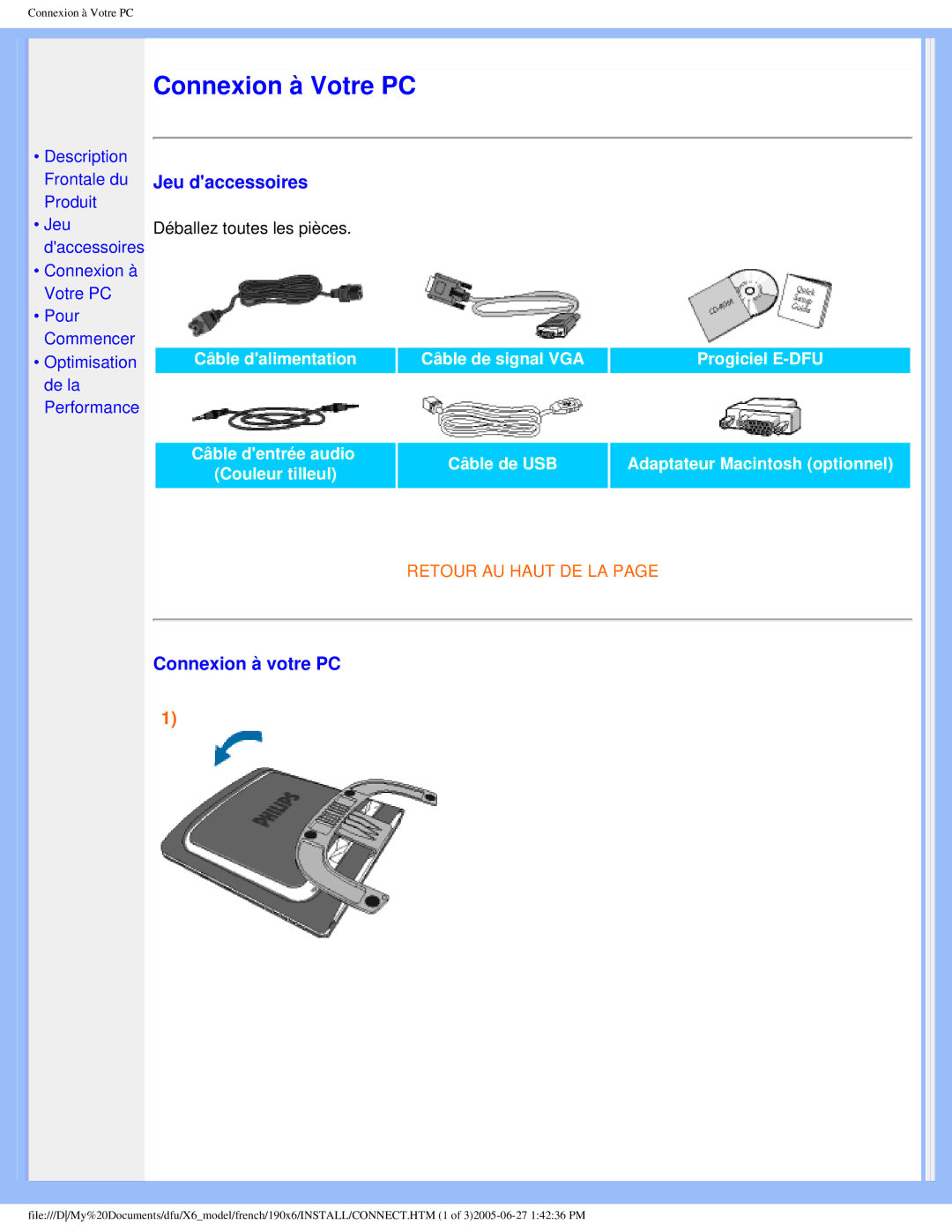 Philips 190X6 user manual Jeu daccessoires, Connexion à votre PC 