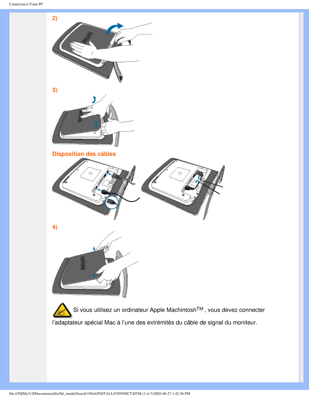 Philips 190X6 user manual Disposition des câbles 