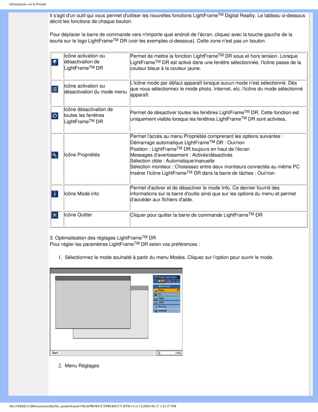 Philips 190X6 user manual Icône activation ou désactivation du mode menu 