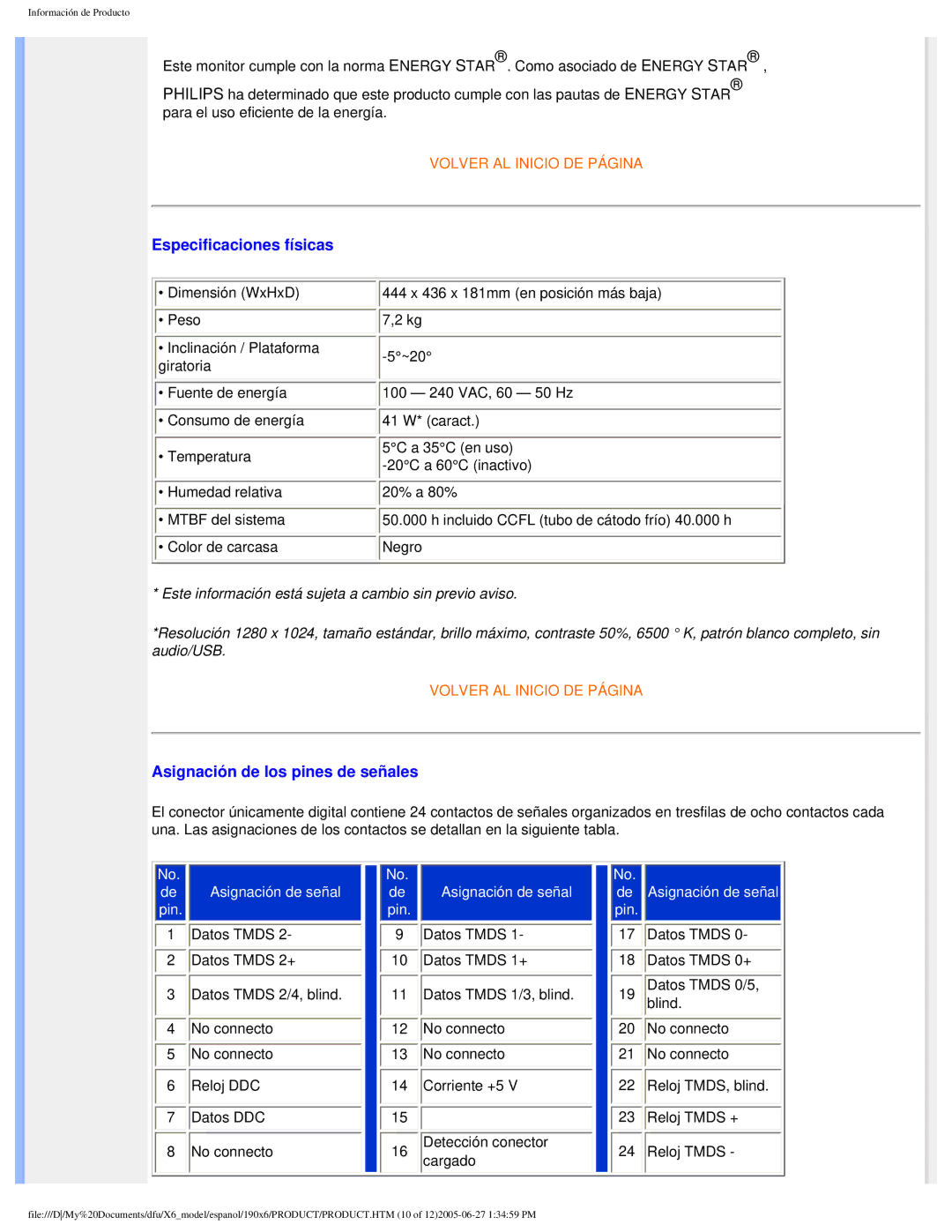 Philips 190X6 user manual Especificaciones físicas 