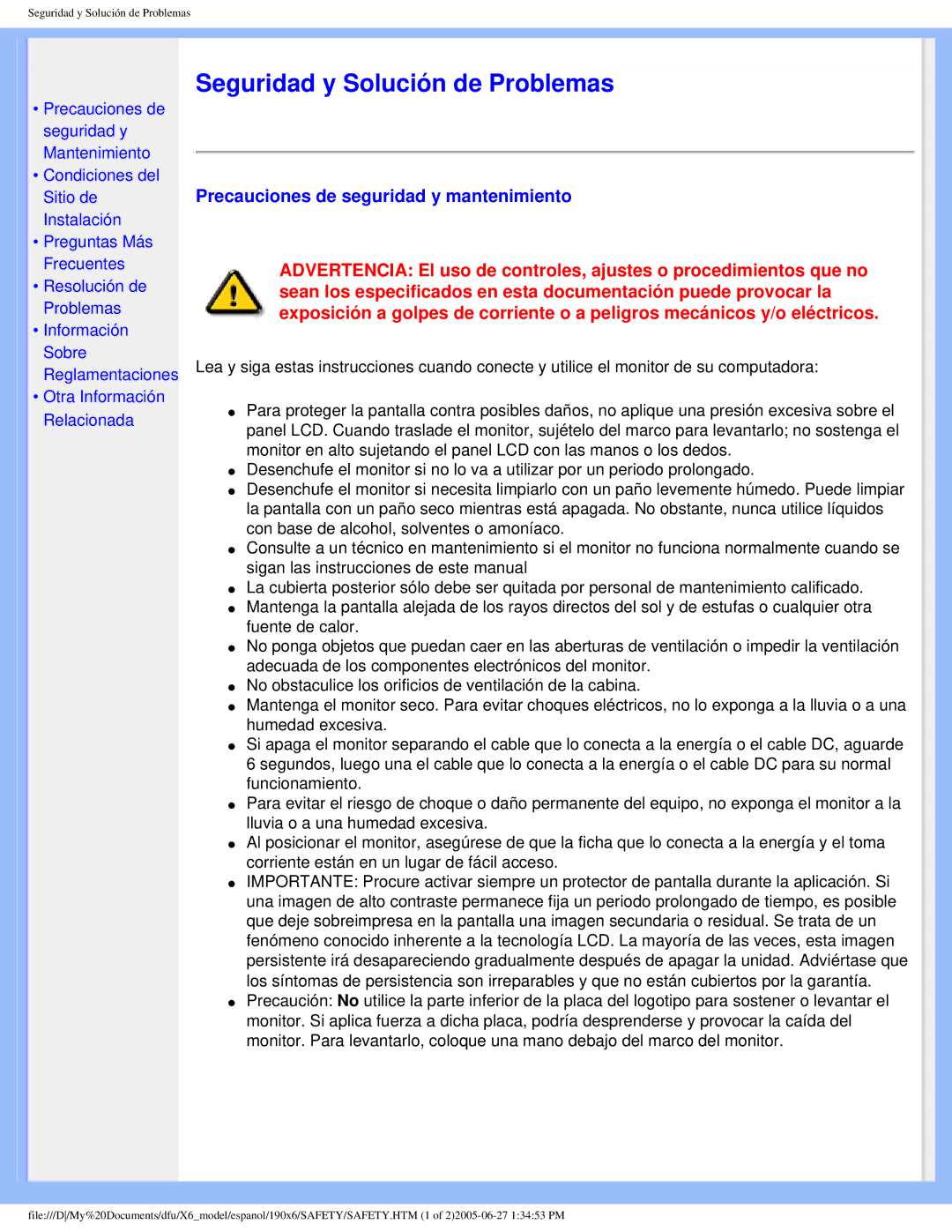 Philips 190X6 user manual Seguridad y Solución de Problemas, Precauciones de seguridad y mantenimiento 