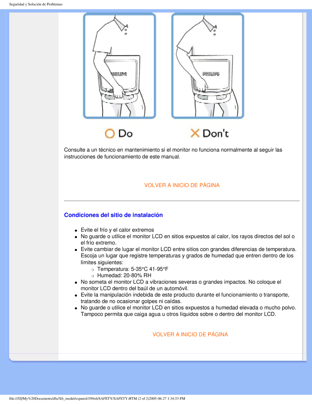 Philips 190X6 user manual Condiciones del sitio de instalación 