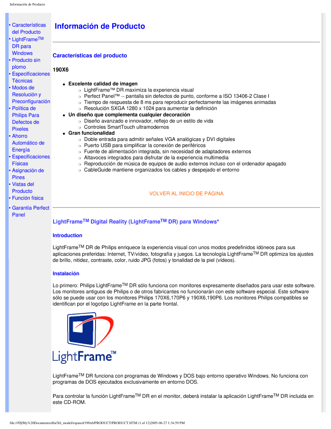 Philips 190X6 user manual Información de Producto 