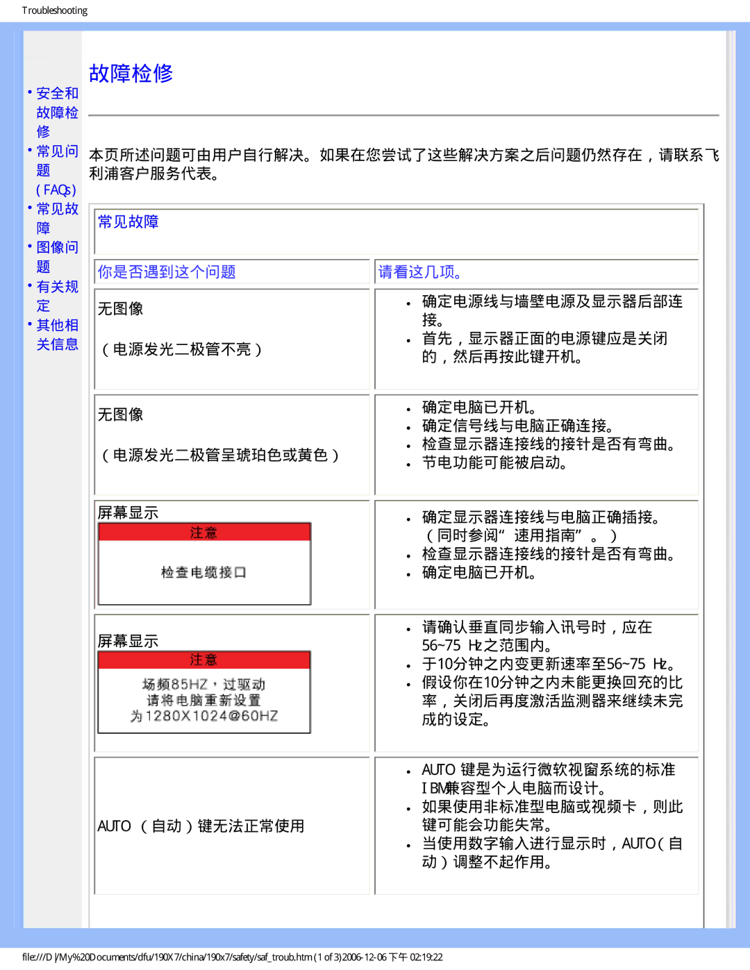 Philips 190X7 user manual 故障检修, 常见故障 