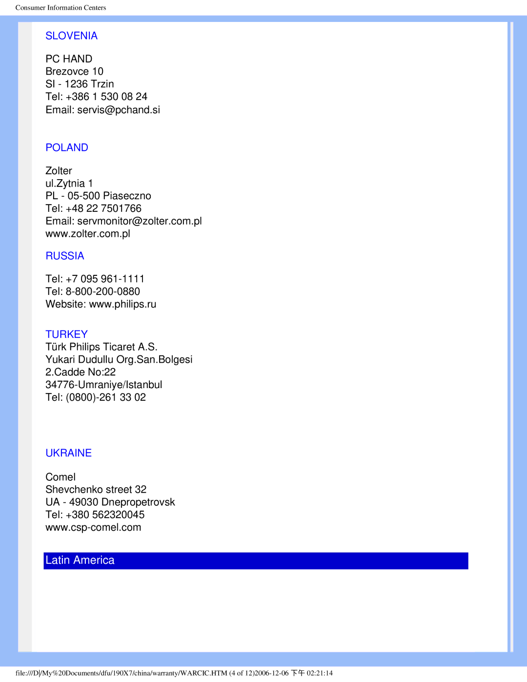 Philips 190X7 user manual Slovenia, Poland, Russia, Turkey, Ukraine 