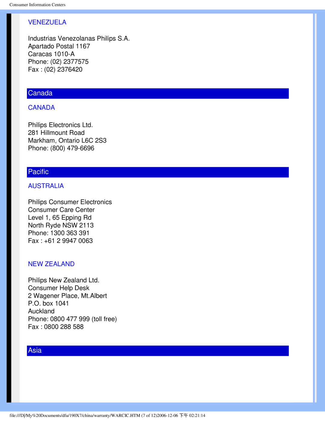 Philips 190X7 user manual Venezuela, Canada, Australia, NEW Zealand 