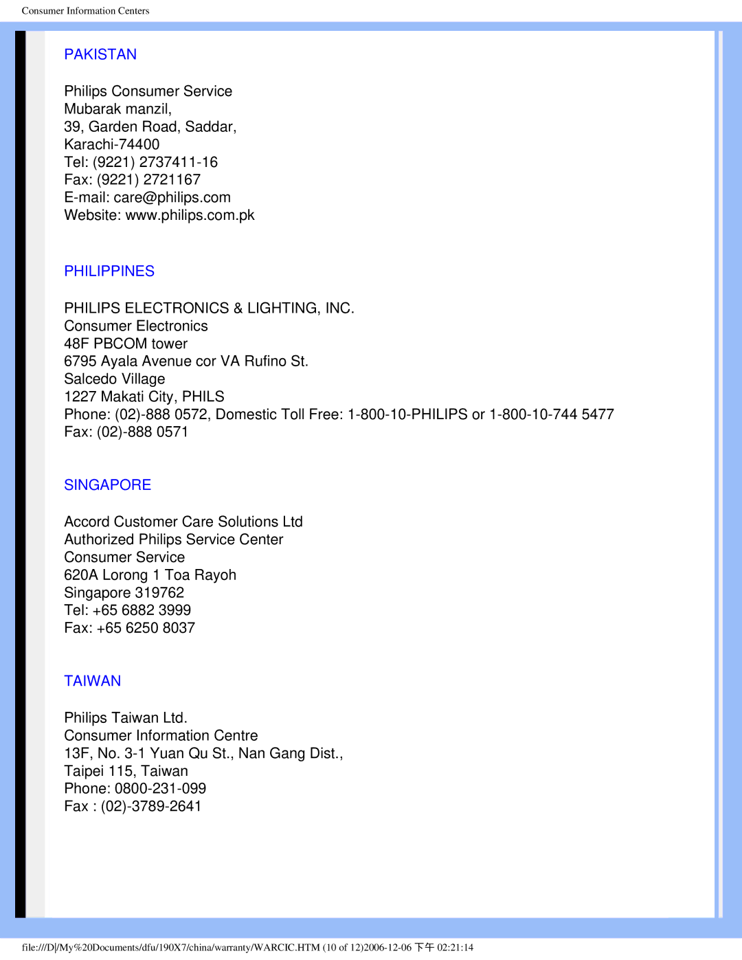 Philips 190X7 user manual Pakistan, Philippines, Singapore, Taiwan 