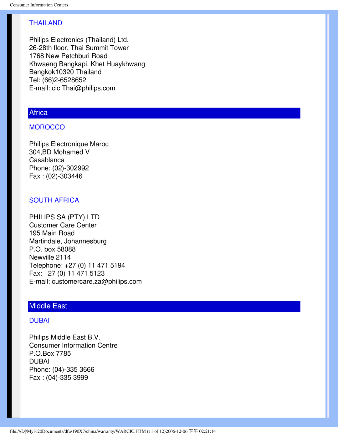 Philips 190X7 user manual Thailand, Morocco, South Africa, Dubai 