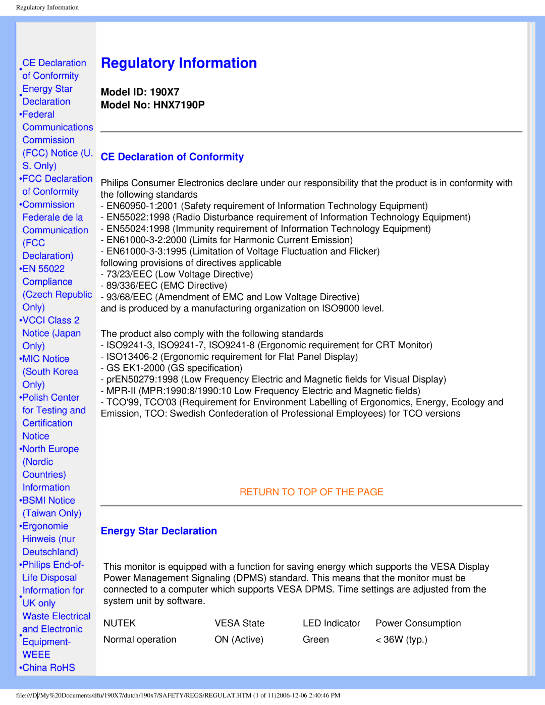 Philips 190X7 user manual CE Declaration of Conformity, Energy Star Declaration 