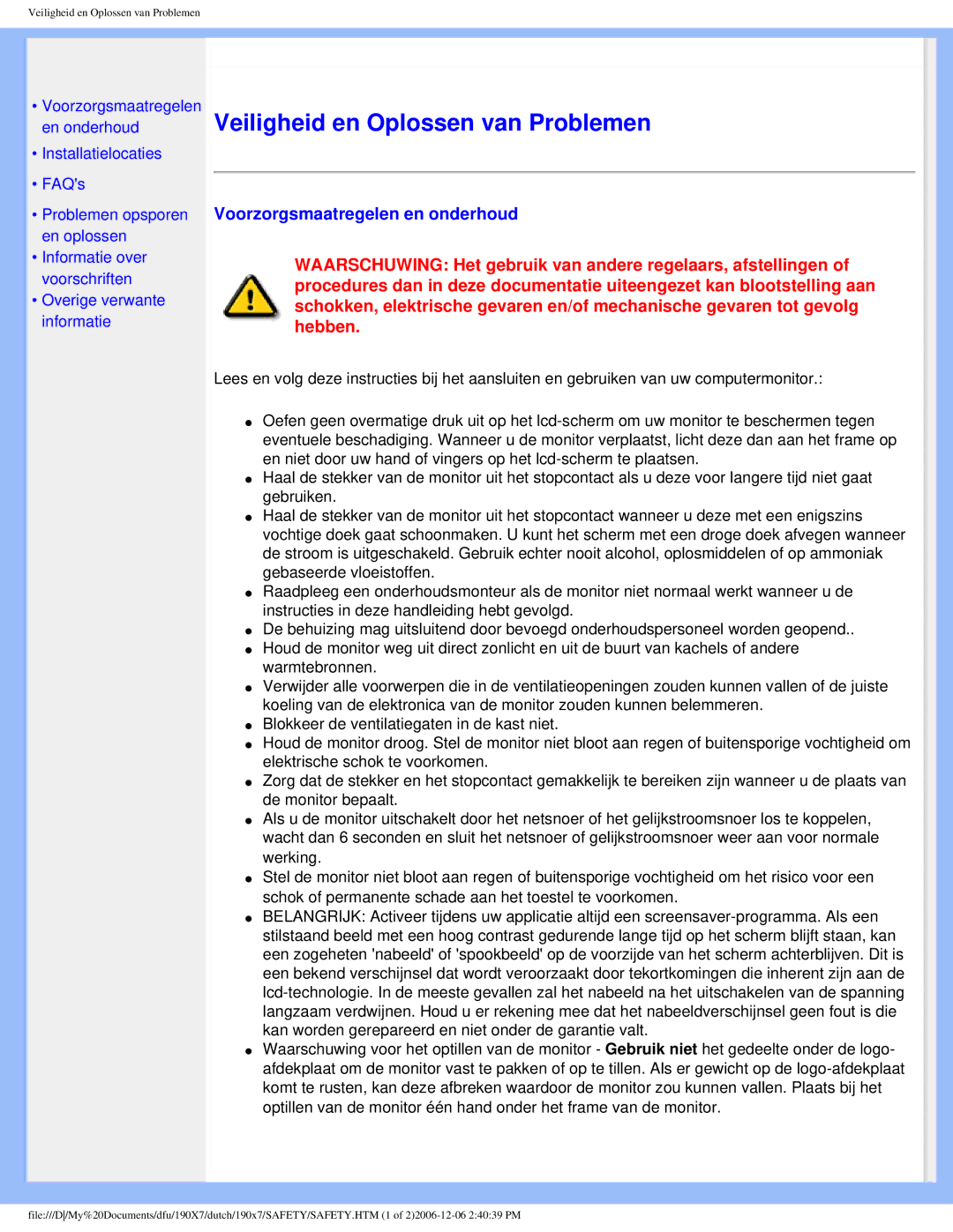 Philips 190X7 user manual Veiligheid en Oplossen van Problemen, Voorzorgsmaatregelen en onderhoud 