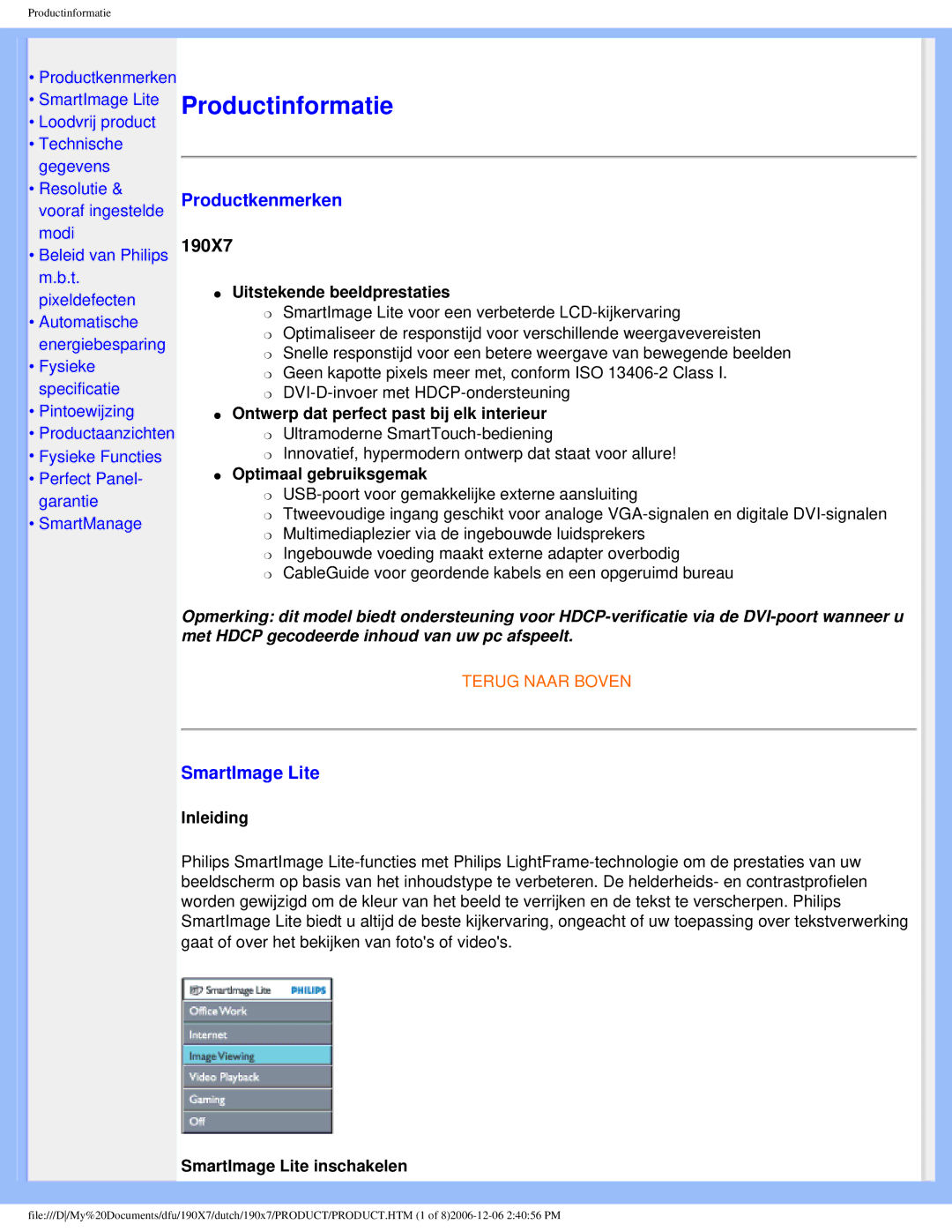 Philips 190X7 user manual Productkenmerken, SmartImage Lite 