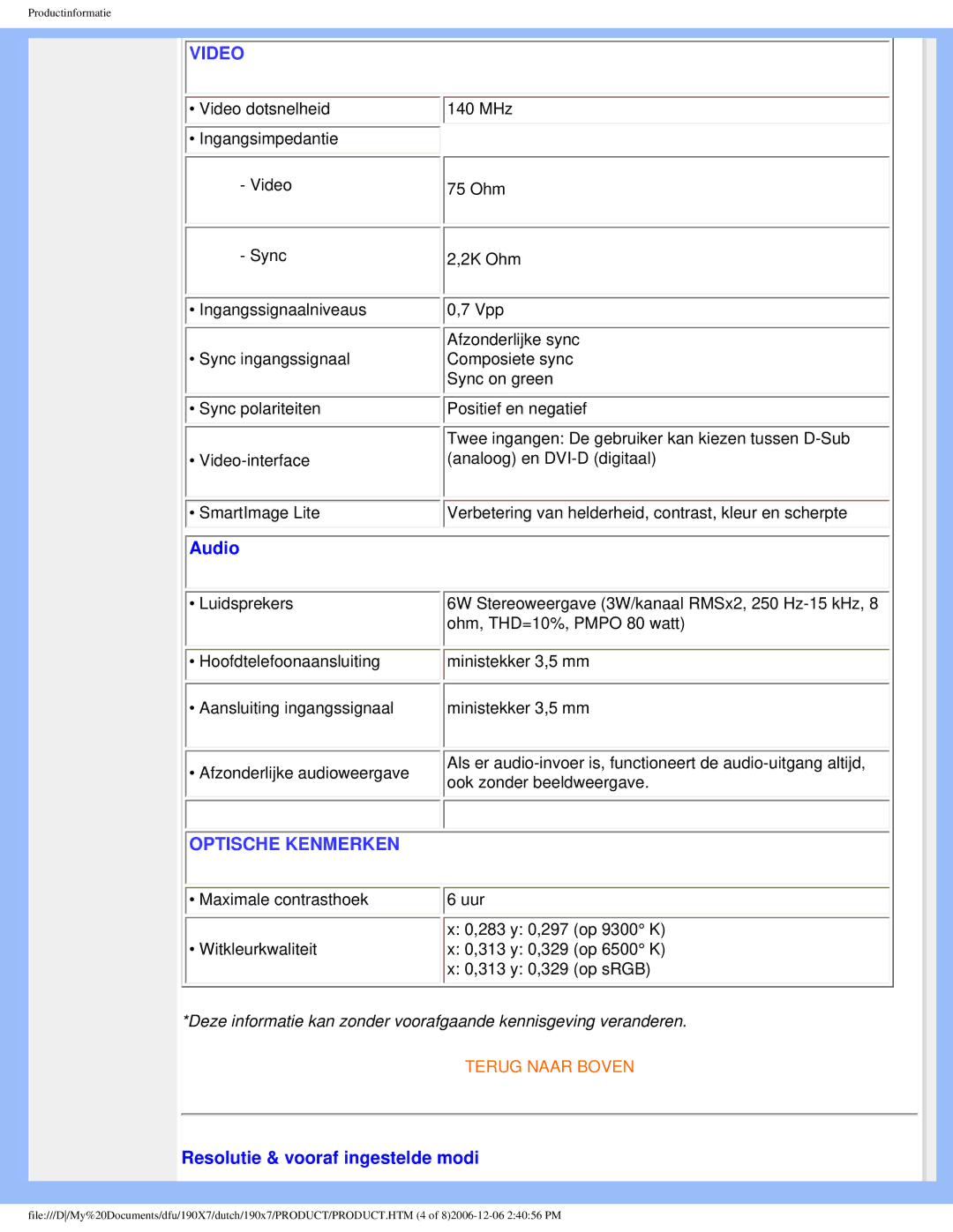 Philips 190X7 user manual Audio, Resolutie & vooraf ingestelde modi 