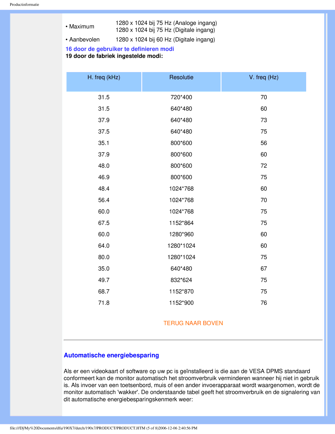 Philips 190X7 user manual Automatische energiebesparing, Door de gebruiker te definieren modi 