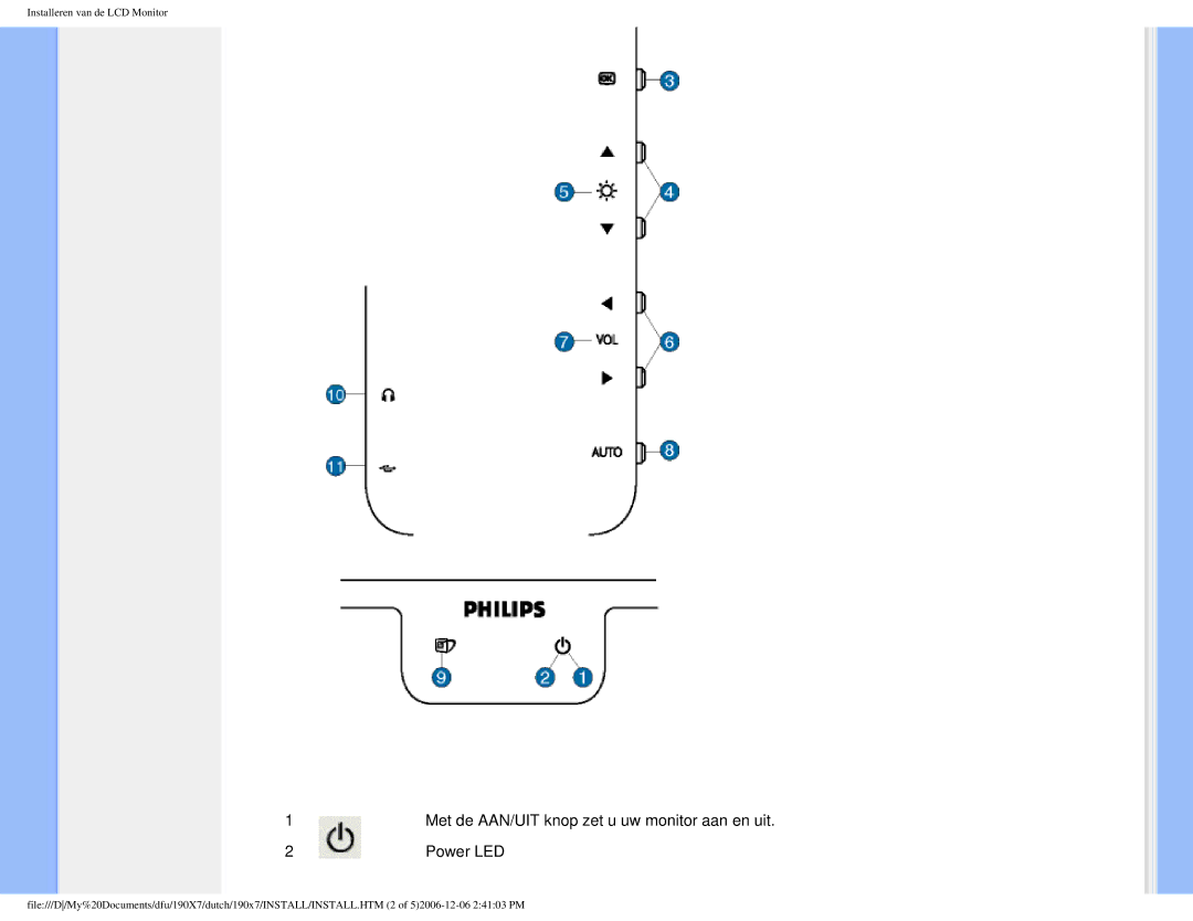 Philips 190X7 user manual Met de AAN/UIT knop zet u uw monitor aan en uit Power LED 