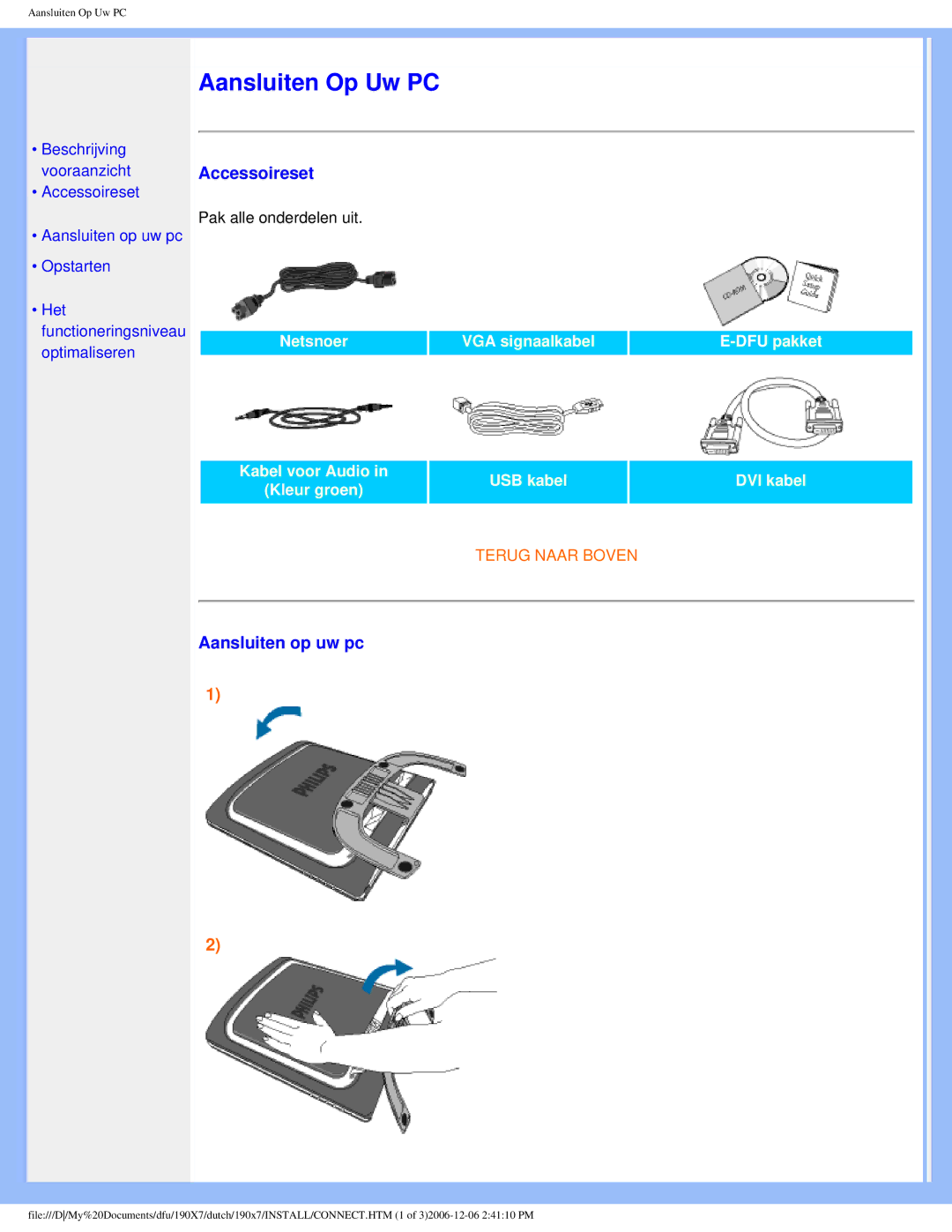 Philips 190X7 user manual Accessoireset, Aansluiten op uw pc 