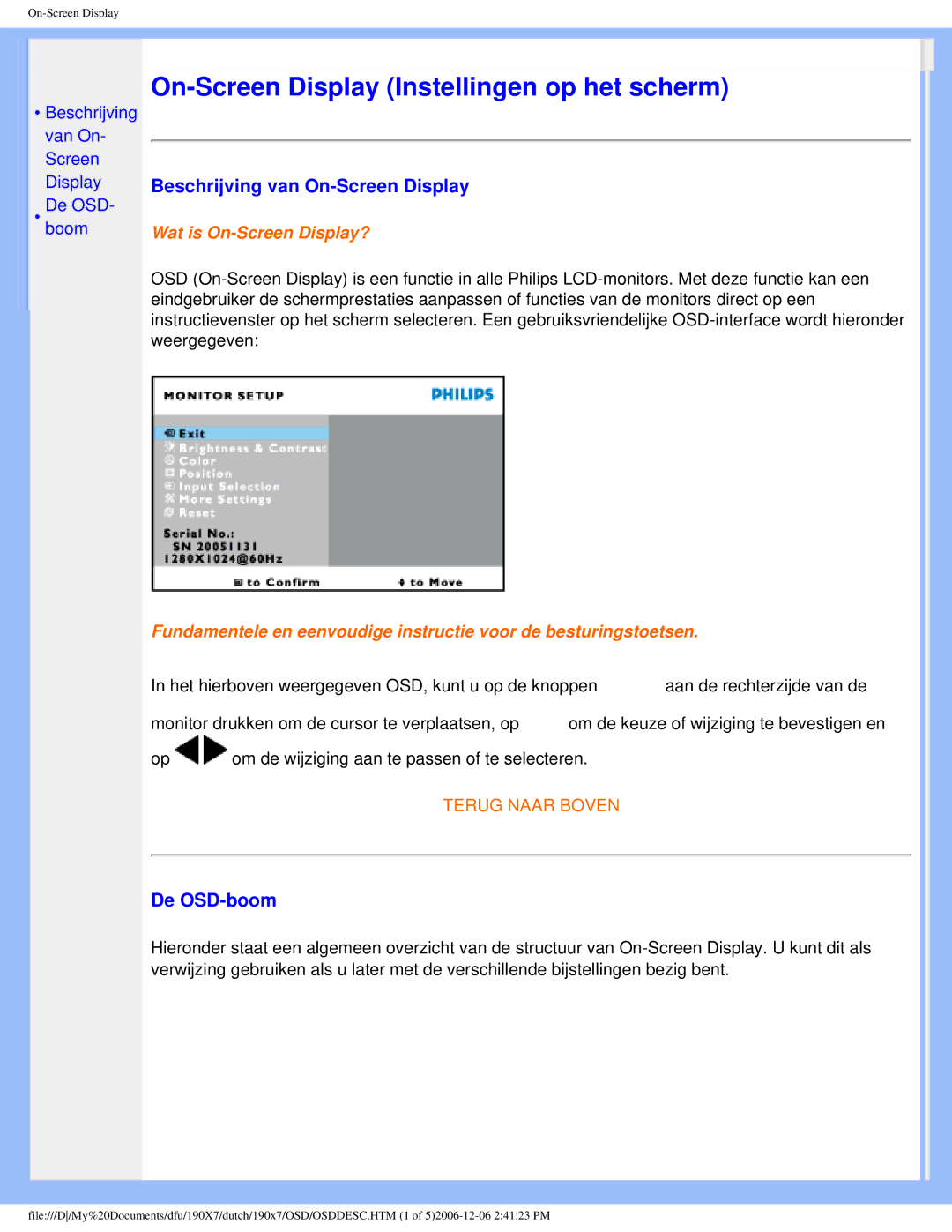 Philips 190X7 user manual On-Screen Display Instellingen op het scherm 