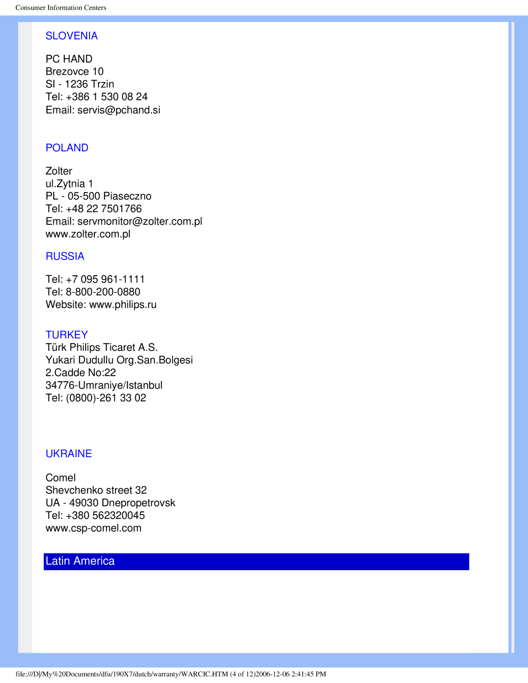 Philips 190X7 user manual Slovenia, Poland, Russia, Turkey, Ukraine 