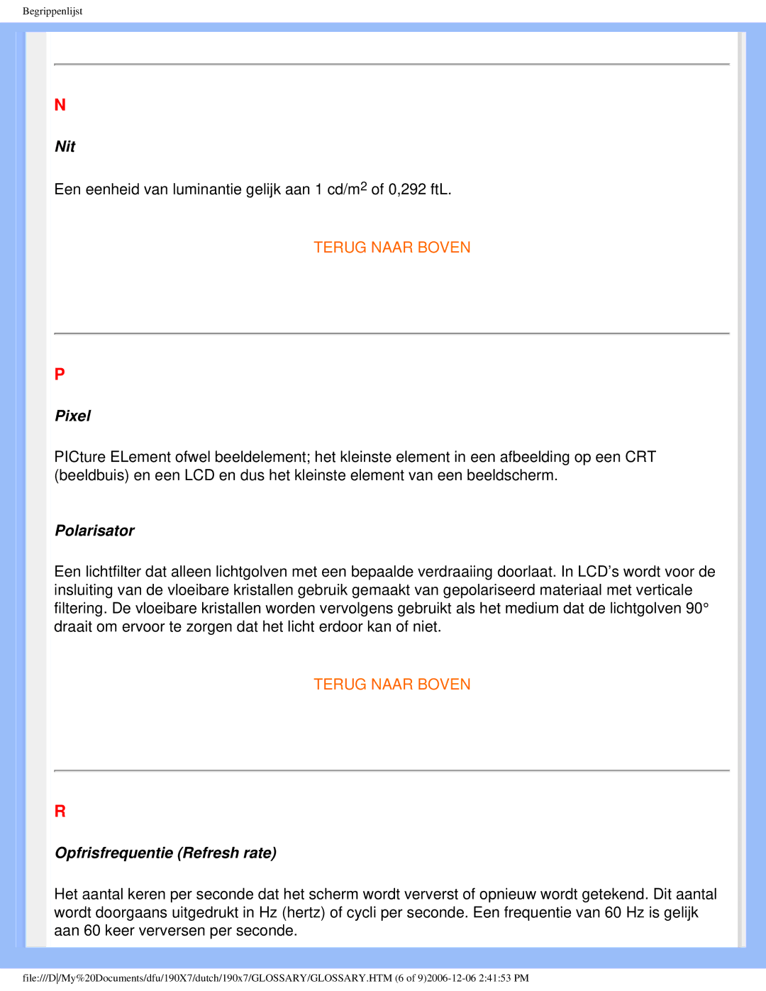 Philips 190X7 user manual Nit, Pixel, Polarisator, Opfrisfrequentie Refresh rate 