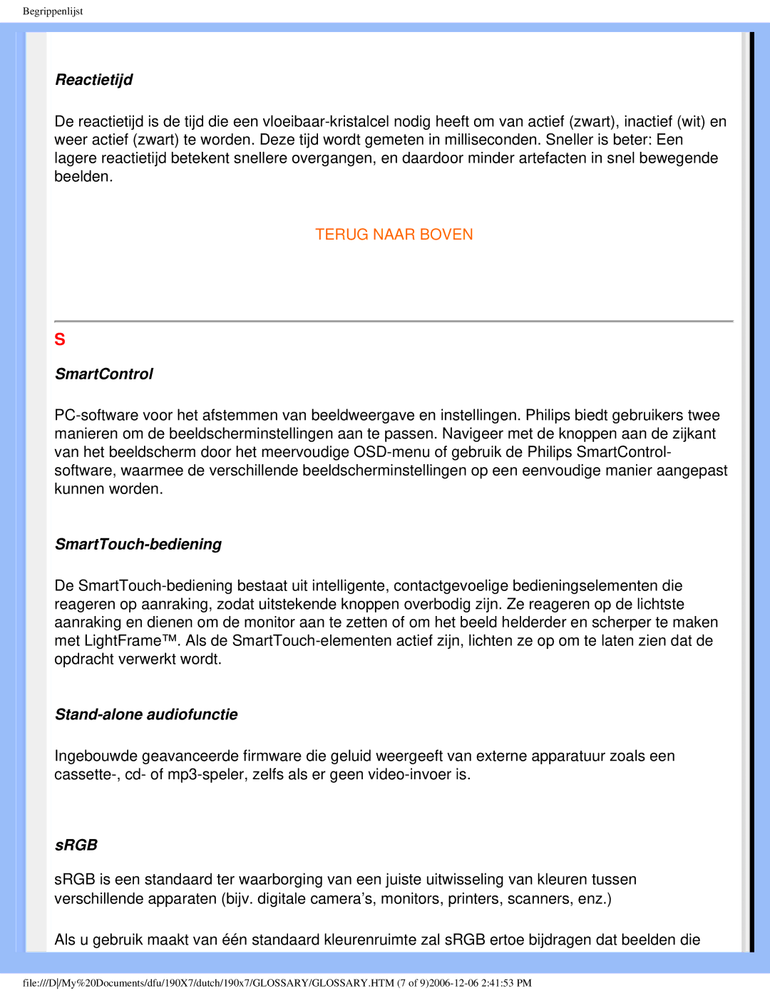 Philips 190X7 user manual Reactietijd, SmartControl, SmartTouch-bediening, Stand-alone audiofunctie, Srgb 