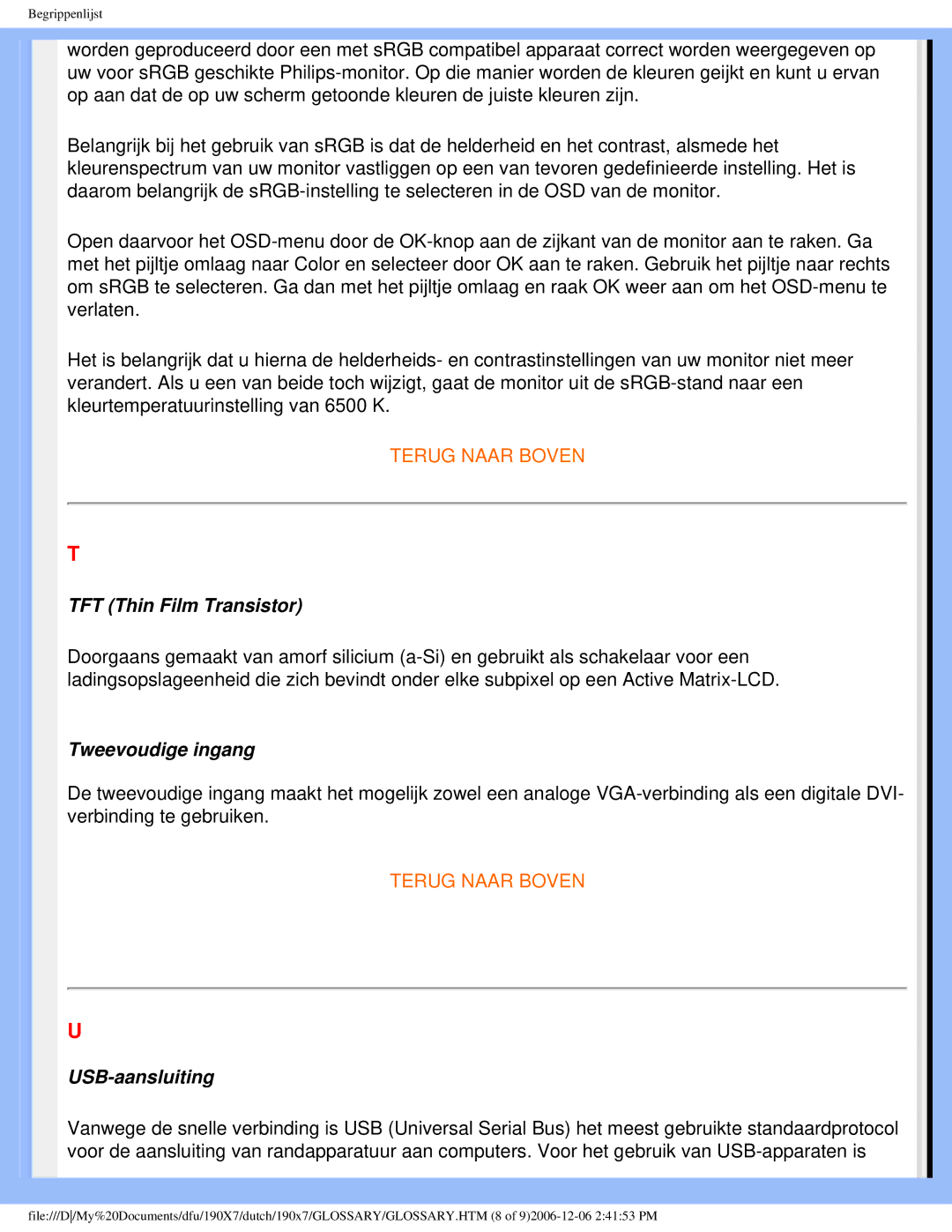 Philips 190X7 user manual TFT Thin Film Transistor, Tweevoudige ingang, USB-aansluiting 