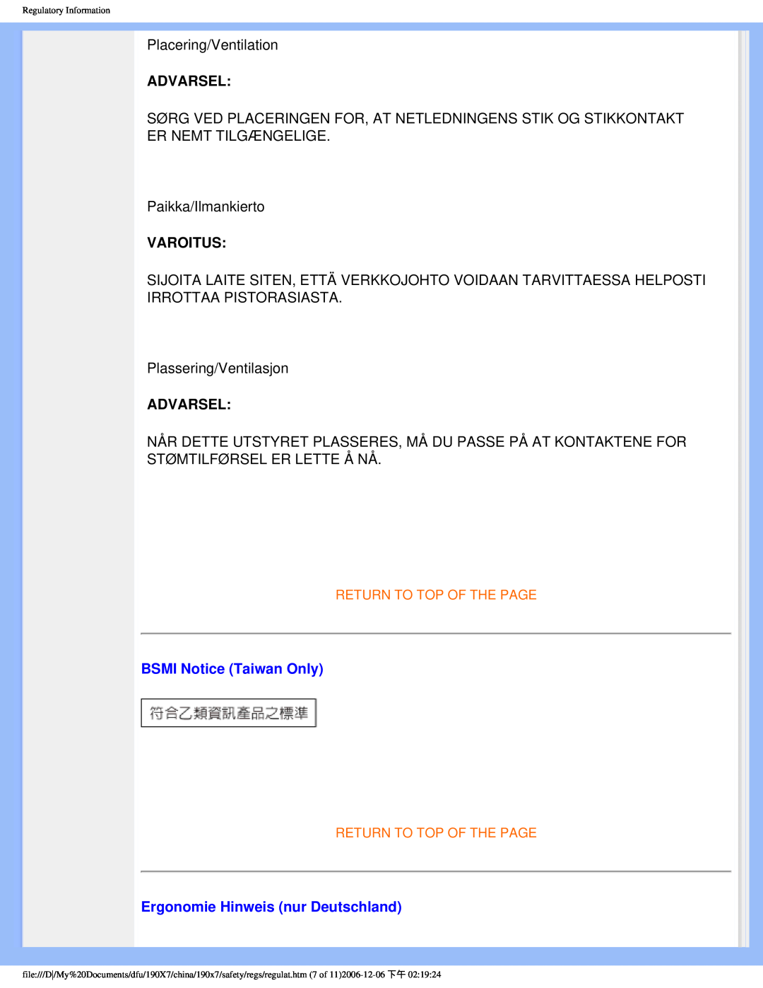 Philips 190X7 user manual Advarsel, Varoitus, BSMI Notice Taiwan Only, Ergonomie Hinweis nur Deutschland 