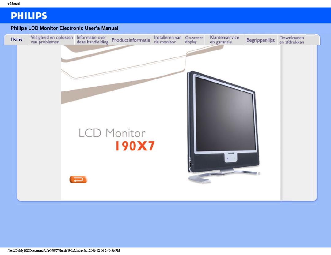 Philips 190X7 user manual Philips LCD Monitor Electronic User’s Manual, e-Manual 