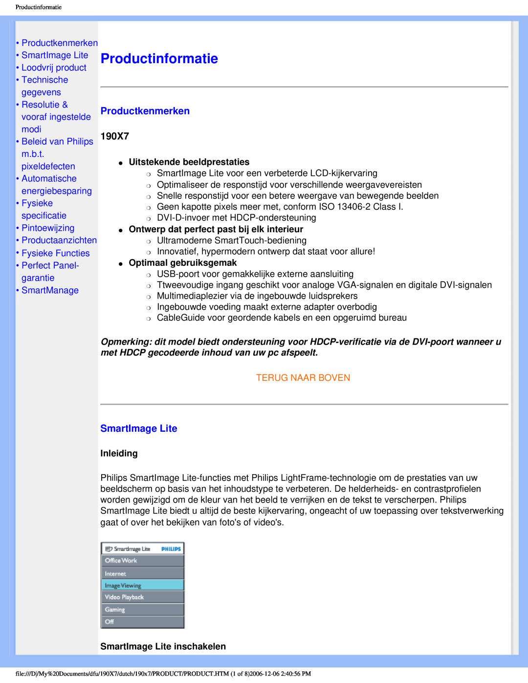 Philips 190X7 Productinformatie, •Productkenmerken •SmartImage Lite, Loodvrij product Technische gegevens 