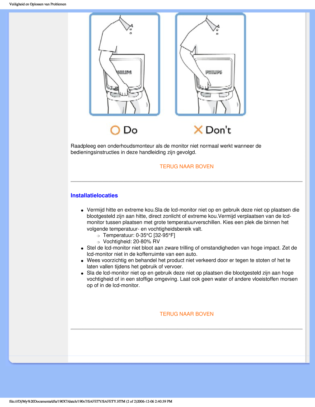 Philips 190X7 user manual Installatielocaties, Terug Naar Boven 
