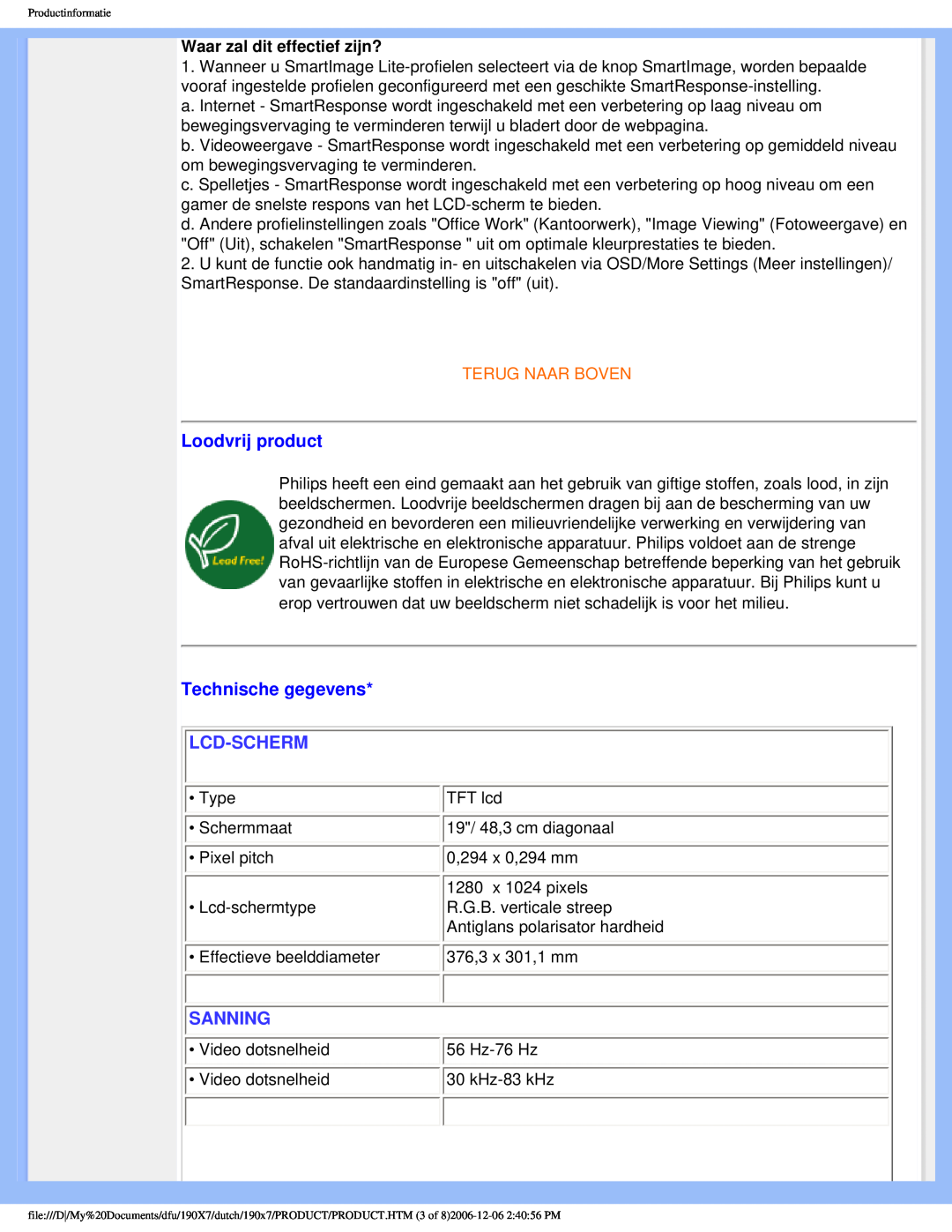 Philips 190X7 user manual Loodvrij product, Technische gegevens, Lcd-Scherm, Sanning, Terug Naar Boven 
