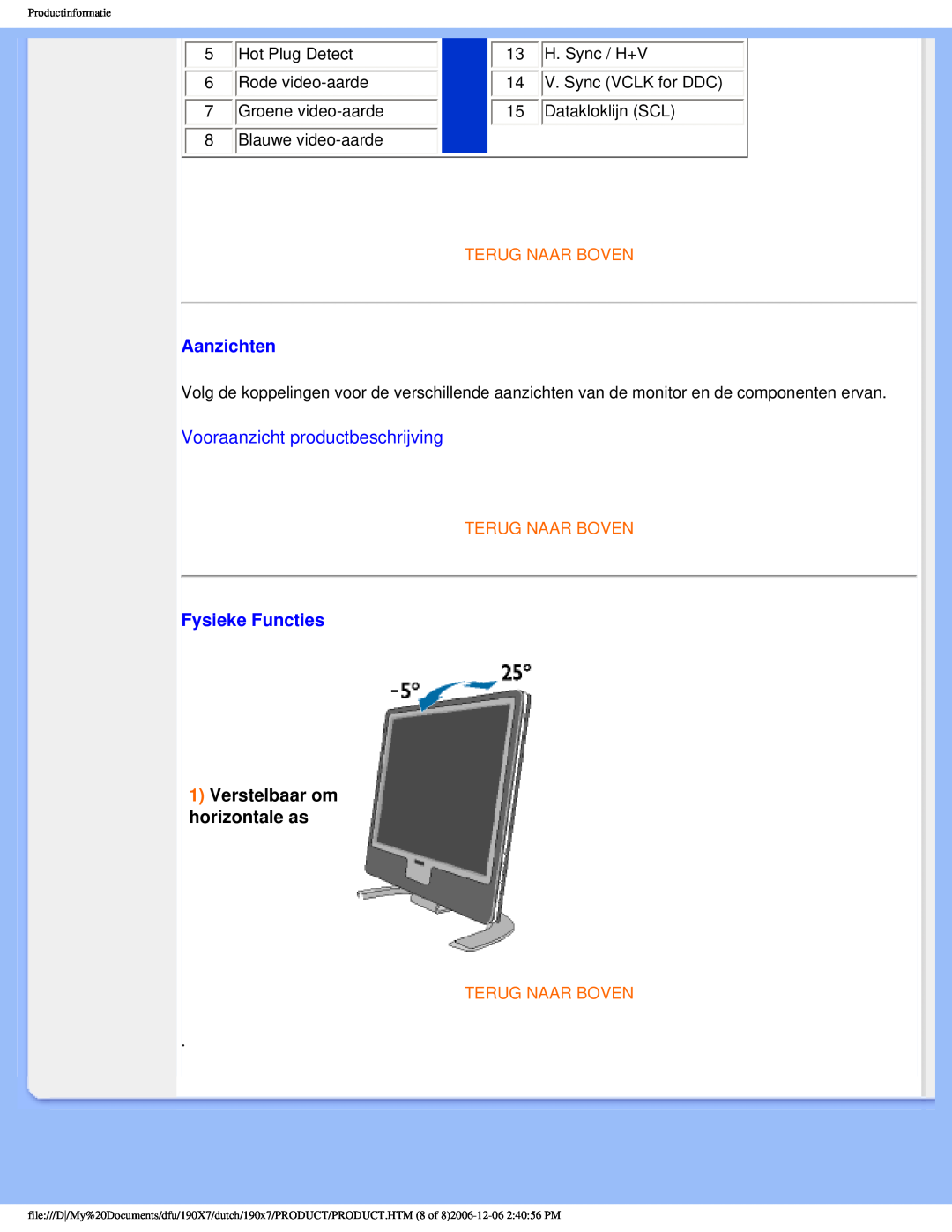 Philips 190X7 user manual Aanzichten, Vooraanzicht productbeschrijving, Fysieke Functies, 1Verstelbaar om horizontale as 