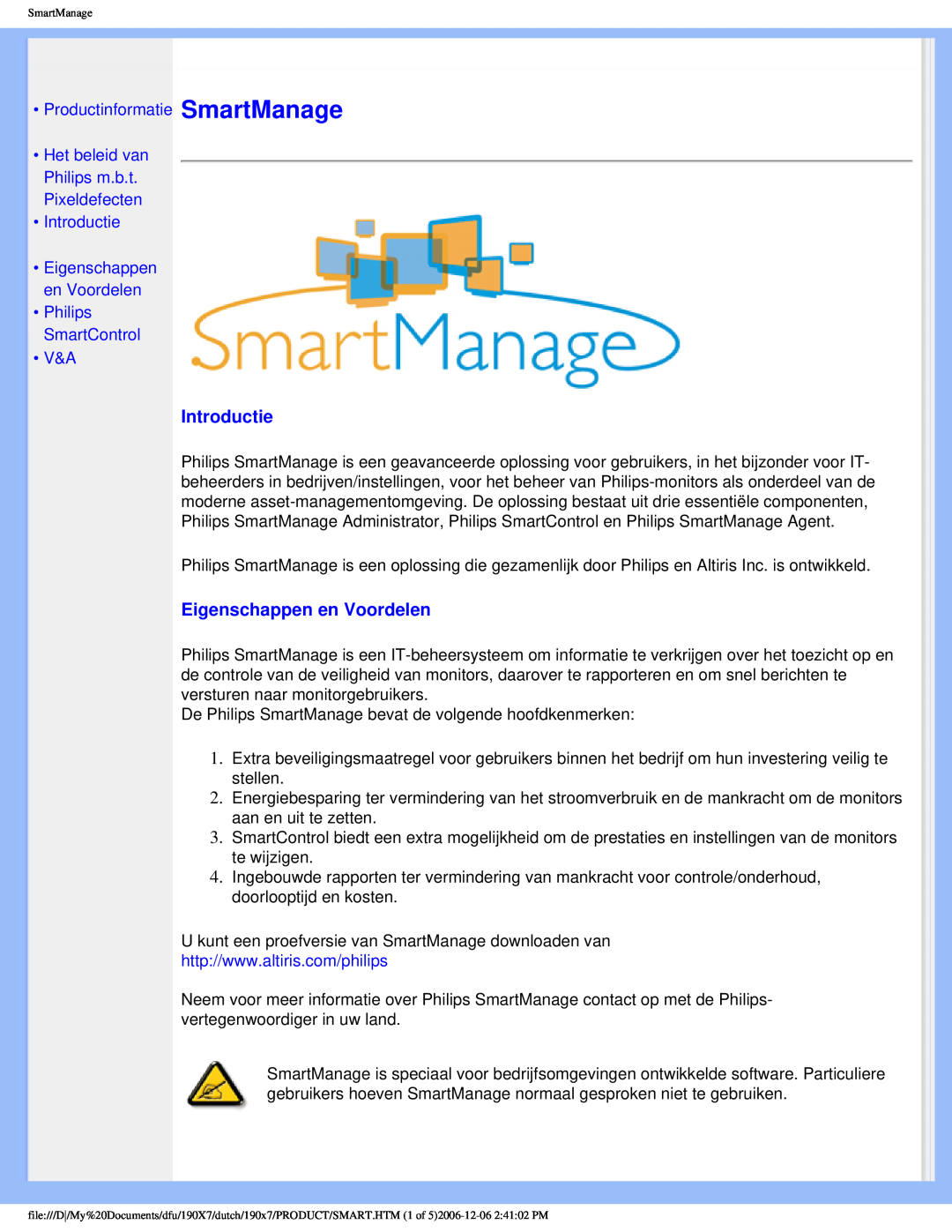 Philips 190X7 SmartManage, Introductie, Eigenschappen en Voordelen, •Productinformatie, •Philips SmartControl •V&A 