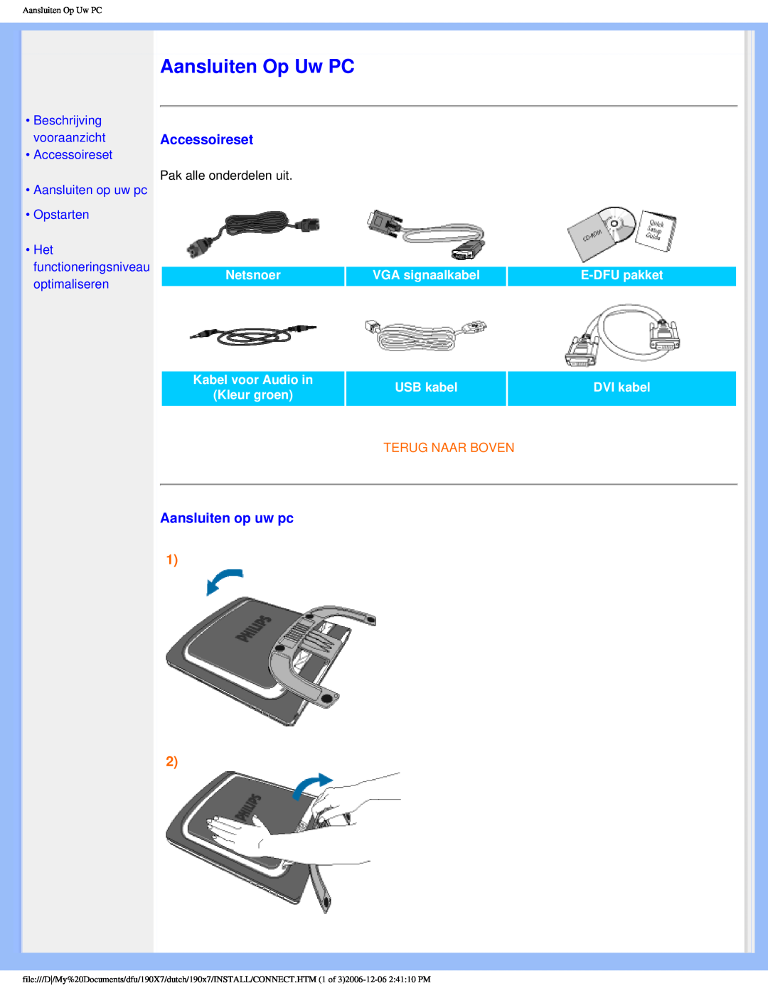 Philips 190X7 Aansluiten Op Uw PC, Aansluiten op uw pc, •Beschrijving vooraanzicht •Accessoireset, VGA signaalkabel 