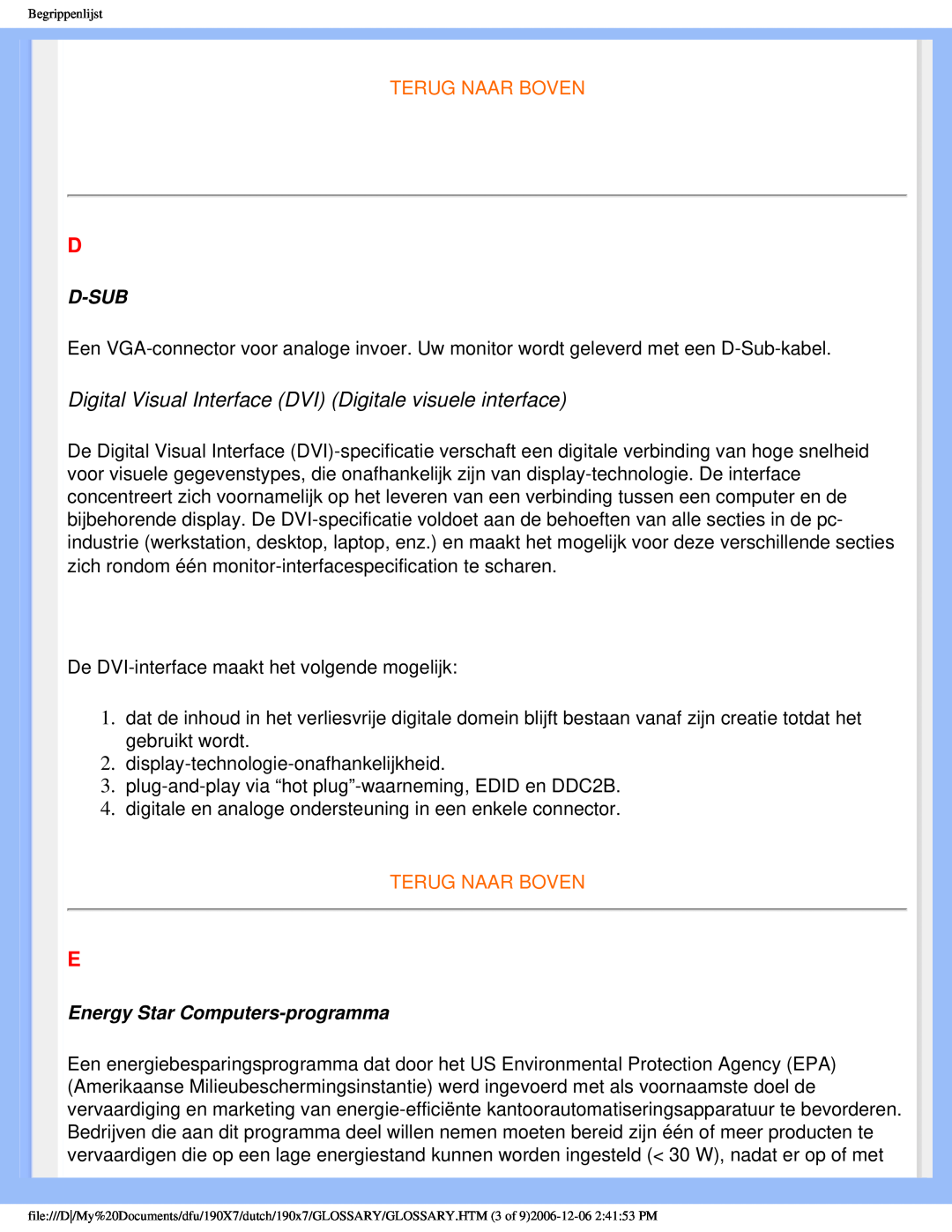 Philips 190X7 user manual Terug Naar Boven, D-Sub, Energy Star Computers-programma 