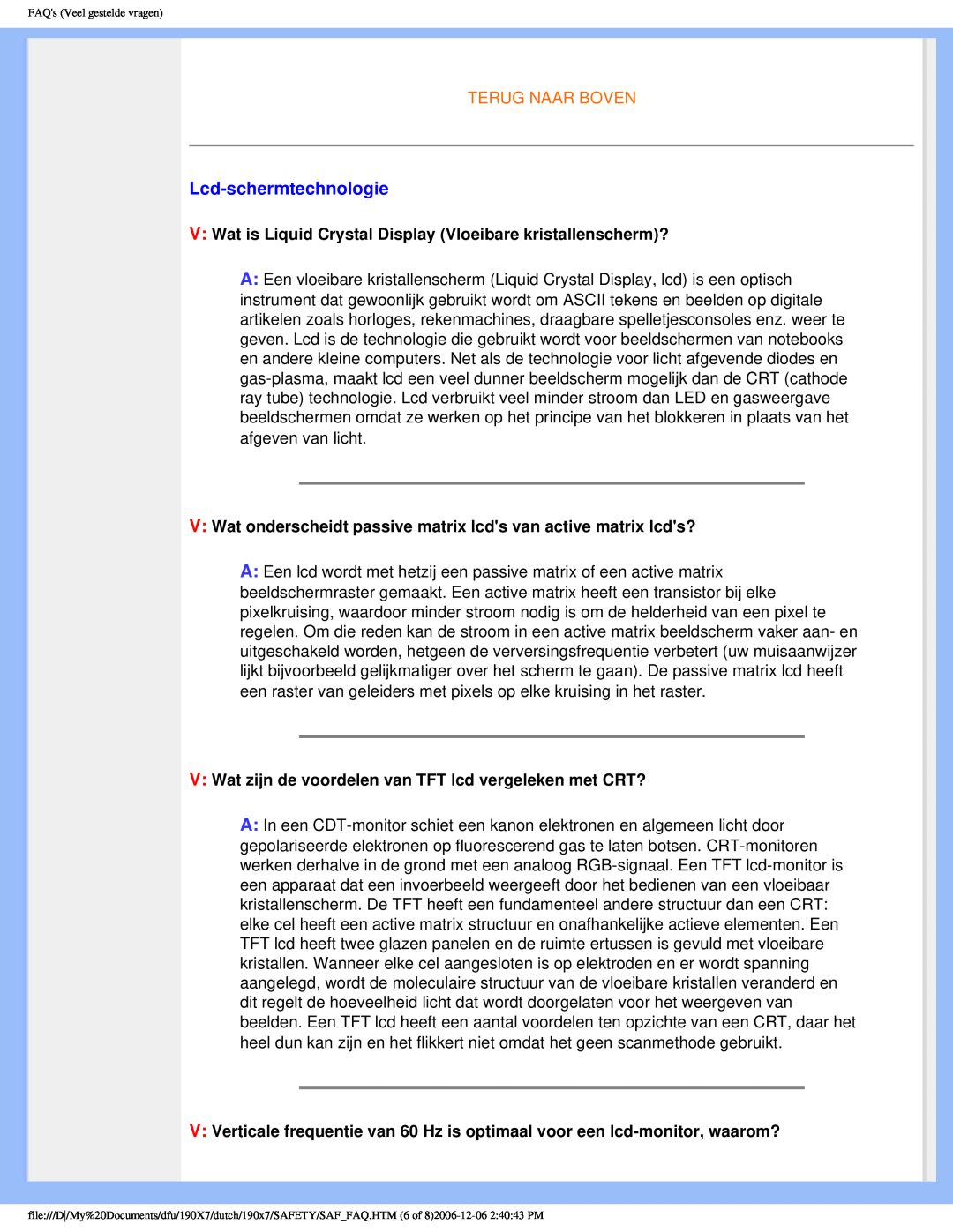 Philips 190X7 user manual Lcd-schermtechnologie, Terug Naar Boven, FAQs Veel gestelde vragen 