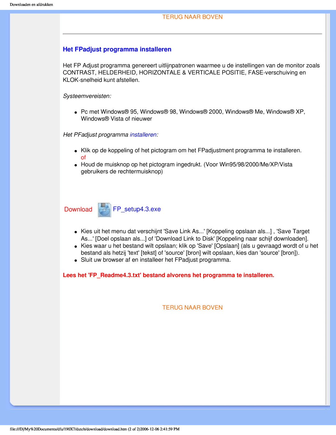 Philips 190X7 user manual Het FPadjust programma installeren, Download FP_setup4.3.exe, Terug Naar Boven 