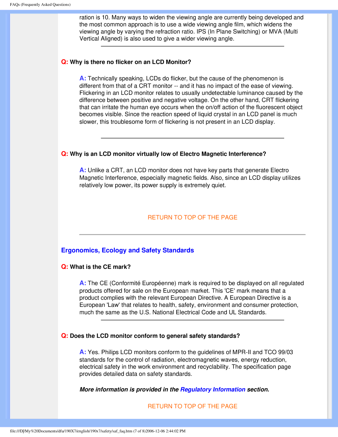 Philips 190XL Ergonomics, Ecology and Safety Standards, Why is there no flicker on an LCD Monitor?, What is the CE mark? 