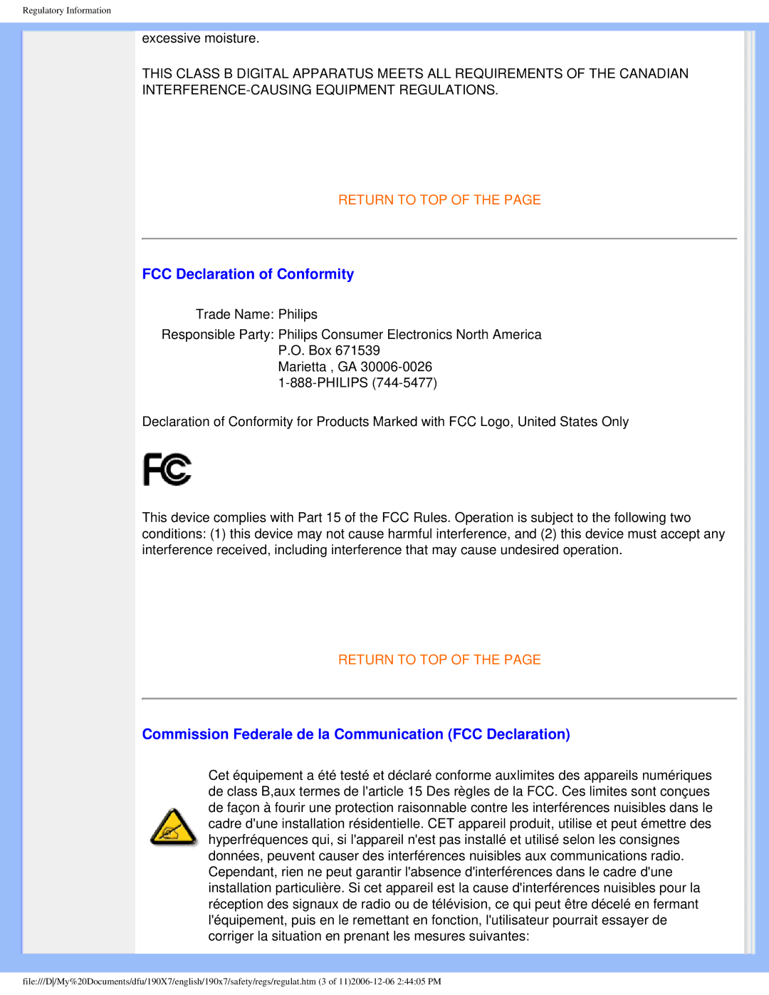 Philips 190XL user manual FCC Declaration of Conformity, Commission Federale de la Communication FCC Declaration 