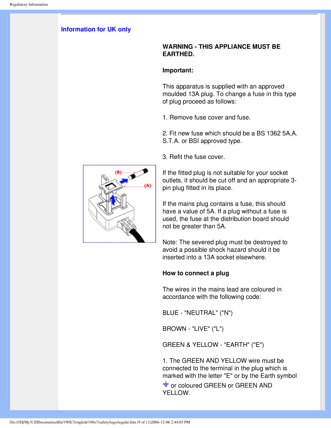 Philips 190XL user manual Information for UK only, Earthed 