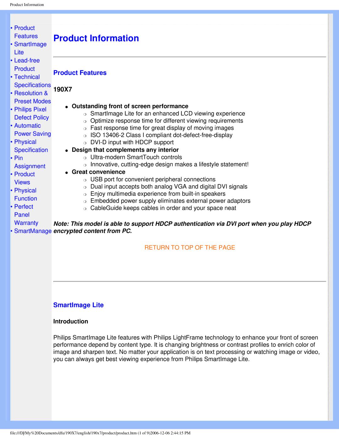 Philips 190XL user manual Product Features, 190X7, SmartImage Lite, Introduction 