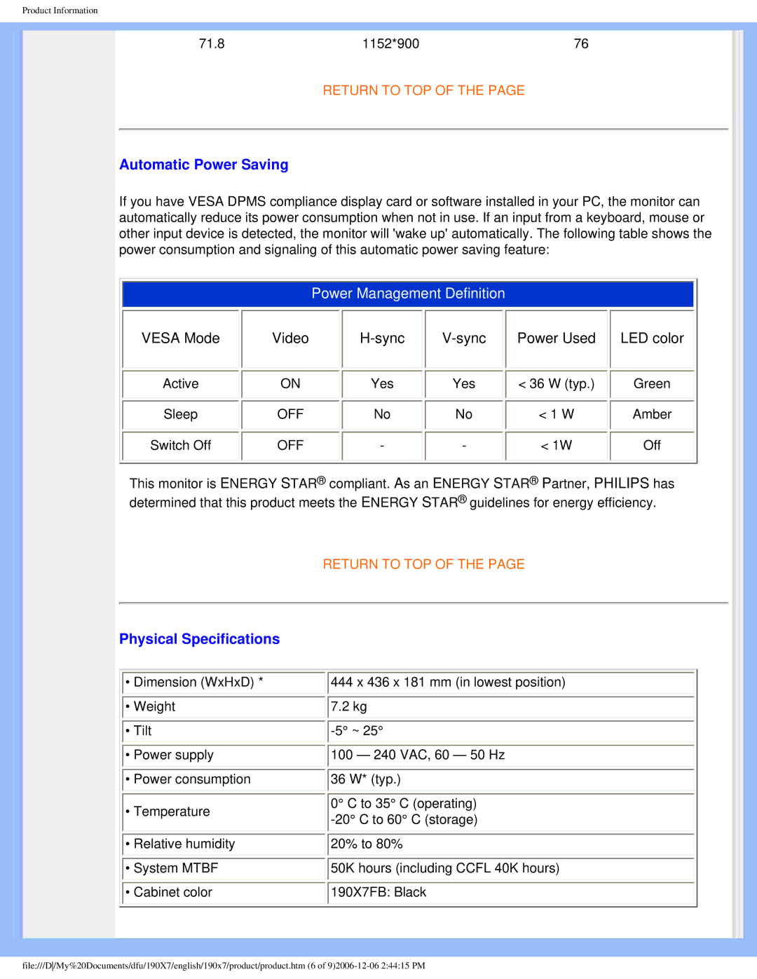 Philips 190XL user manual Automatic Power Saving, Physical Specifications 