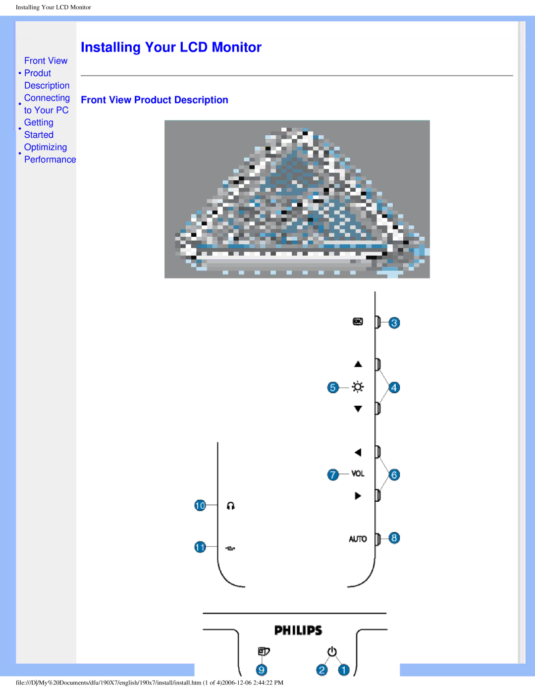 Philips 190XL user manual Installing Your LCD Monitor, Front View Product Description 