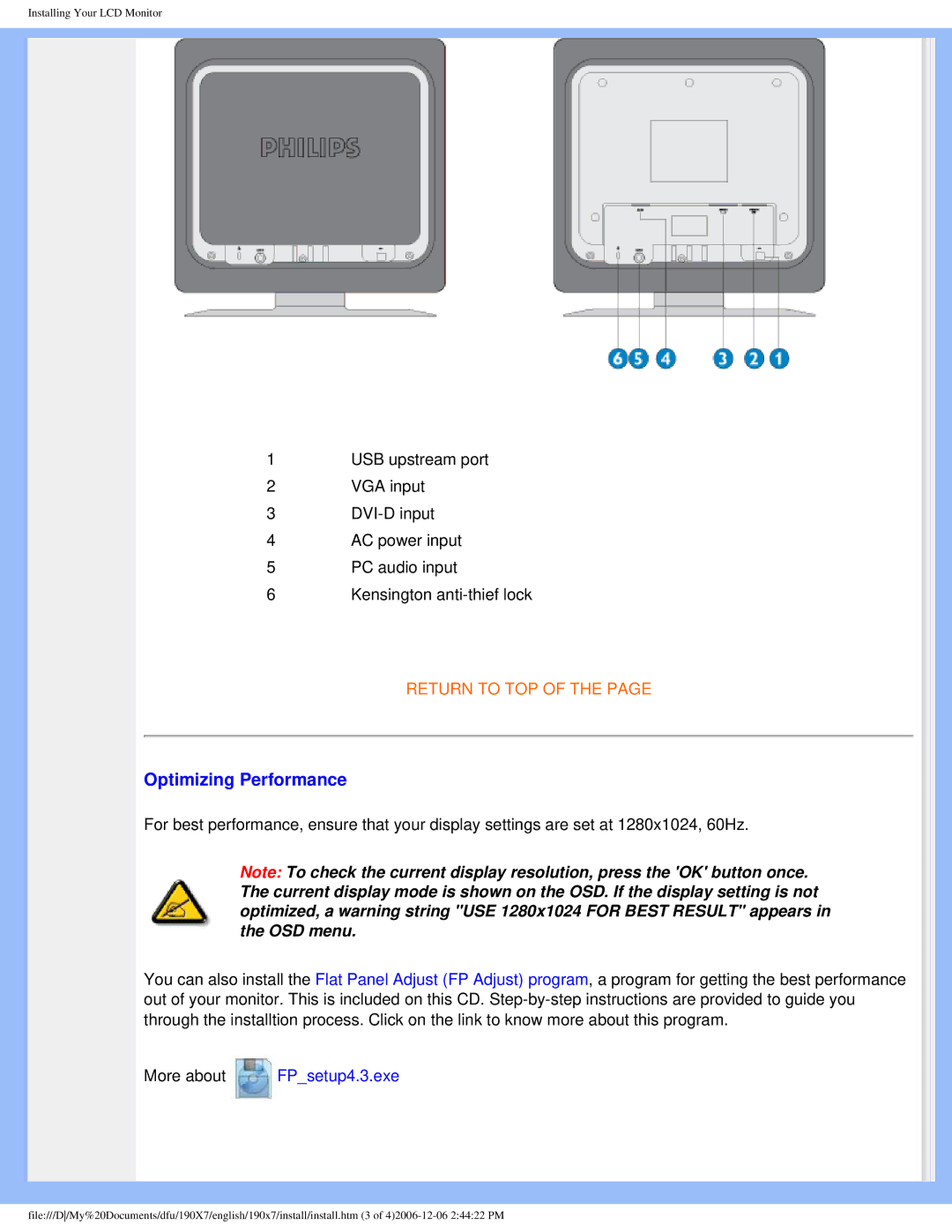 Philips 190XL user manual Optimizing Performance, More about FPsetup4.3.exe 