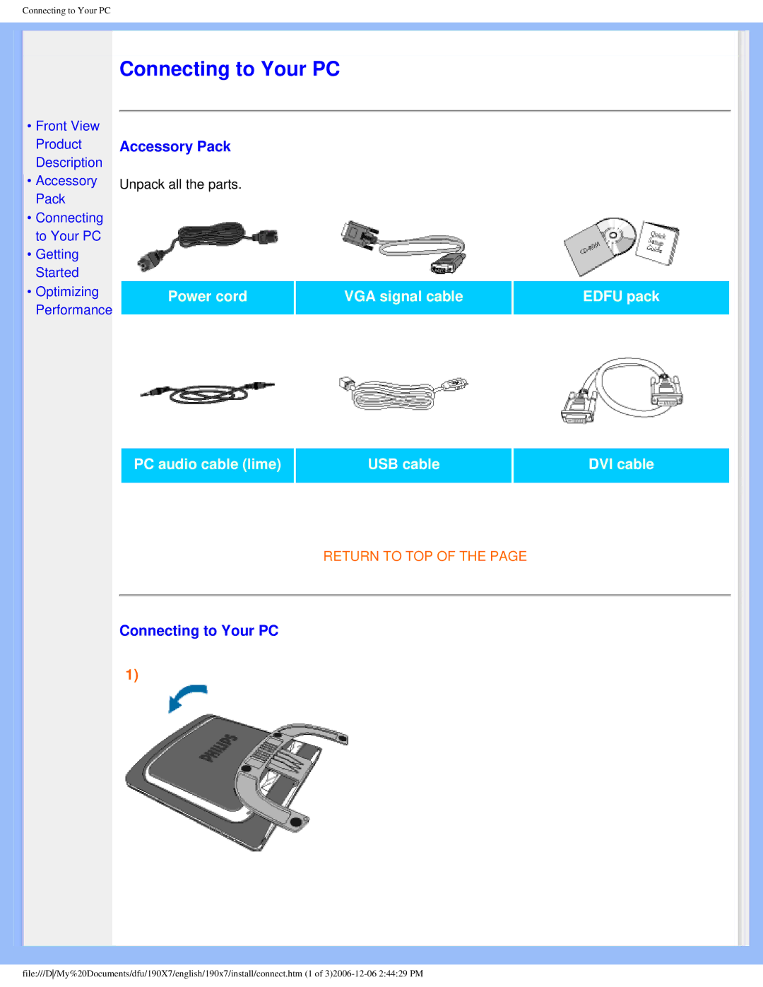 Philips 190XL user manual Accessory Pack, Connecting to Your PC 