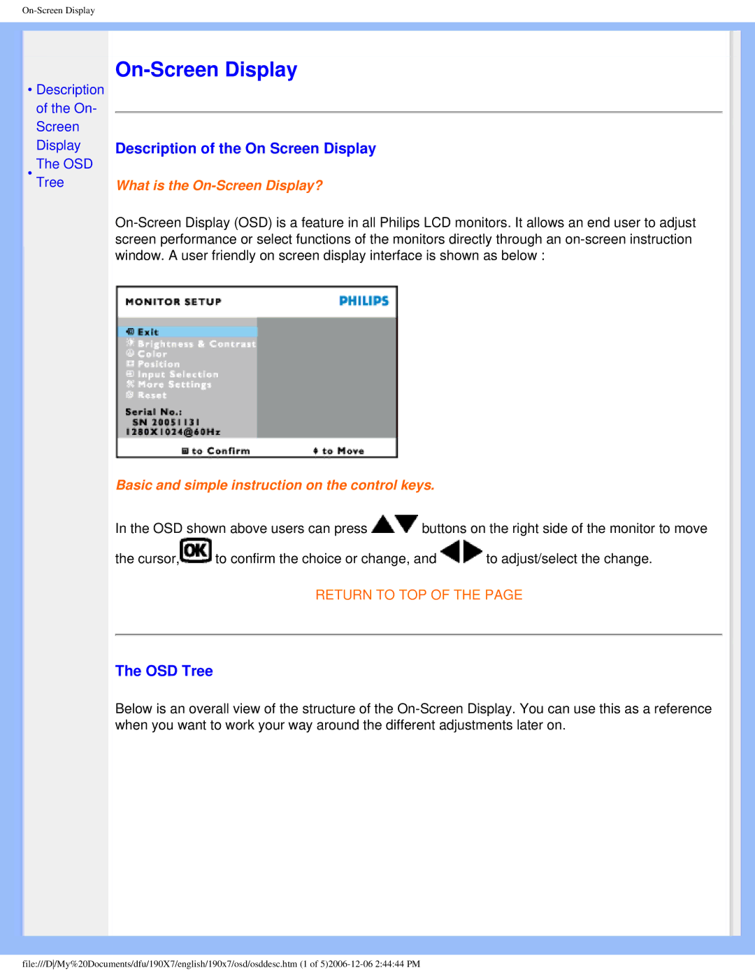 Philips 190XL user manual Description of the On Screen Display, OSD Tree 