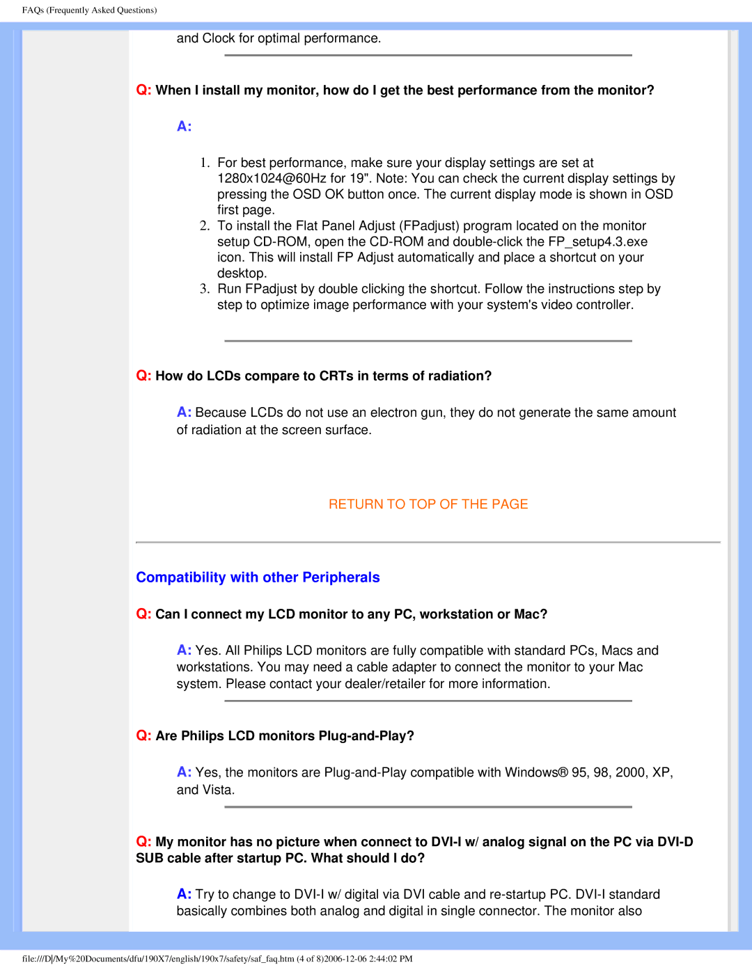 Philips 190XL user manual Compatibility with other Peripherals, How do LCDs compare to CRTs in terms of radiation? 