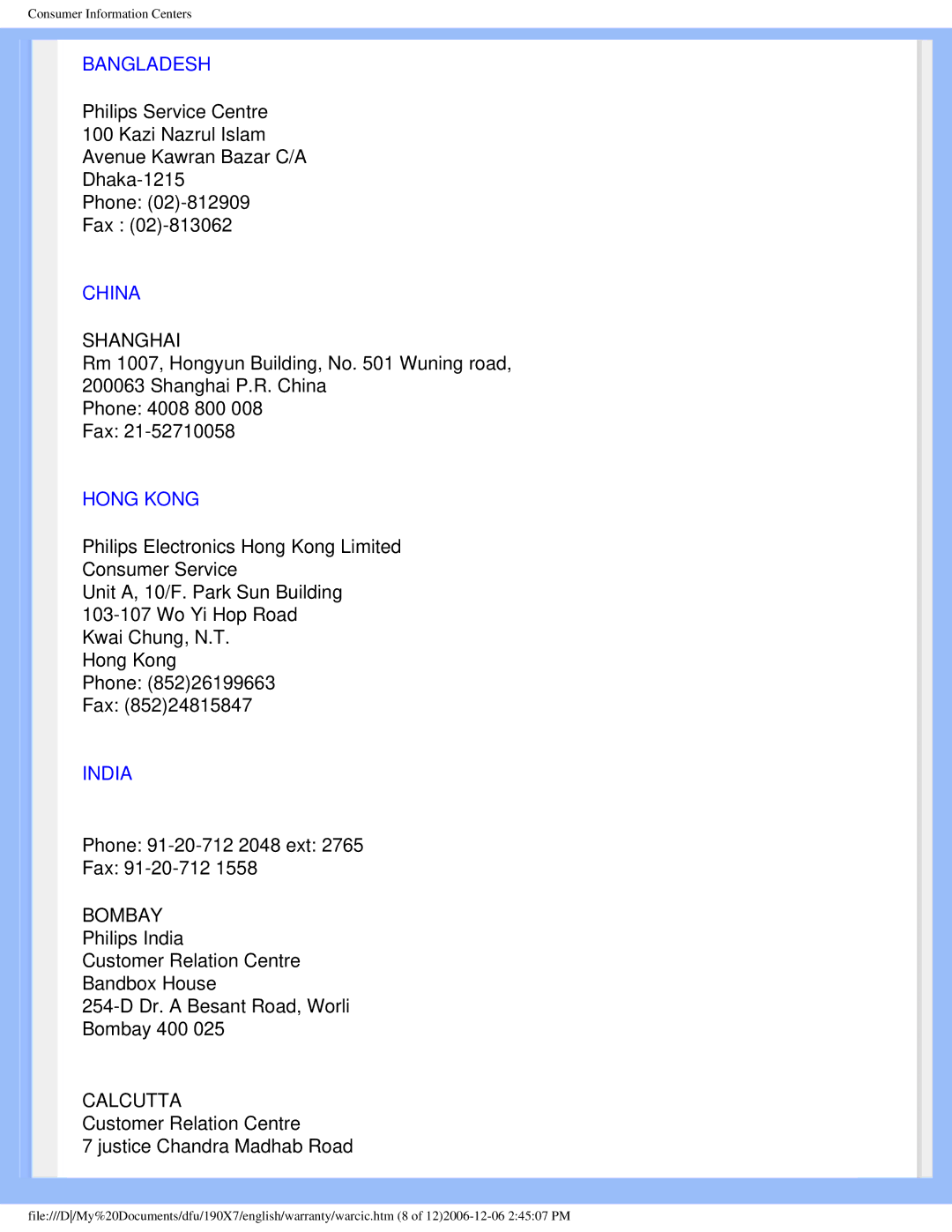 Philips 190XL user manual Bangladesh, China, Hong Kong, India 