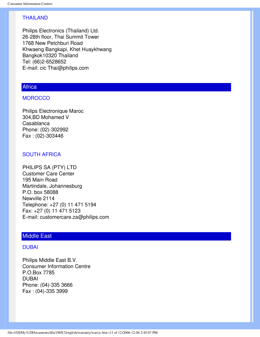 Philips 190XL user manual Thailand, Morocco, South Africa, Dubai 