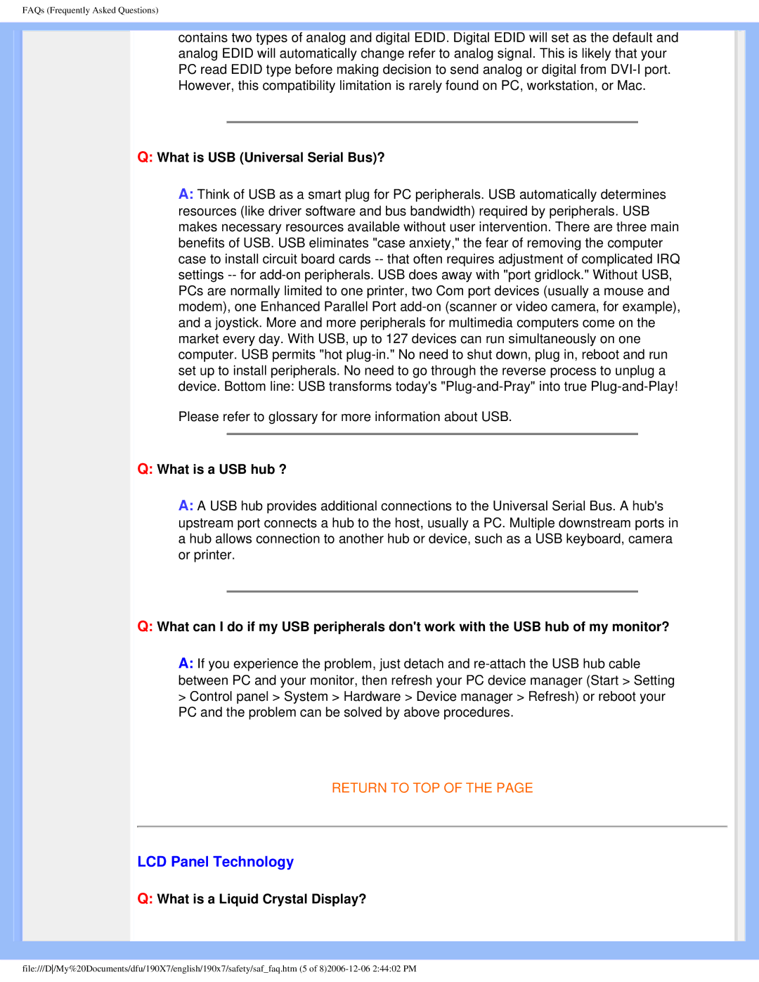 Philips 190XL user manual LCD Panel Technology, What is USB Universal Serial Bus?, What is a USB hub ? 