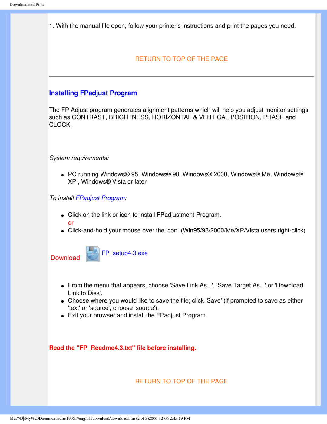 Philips 190XL user manual Installing FPadjust Program 