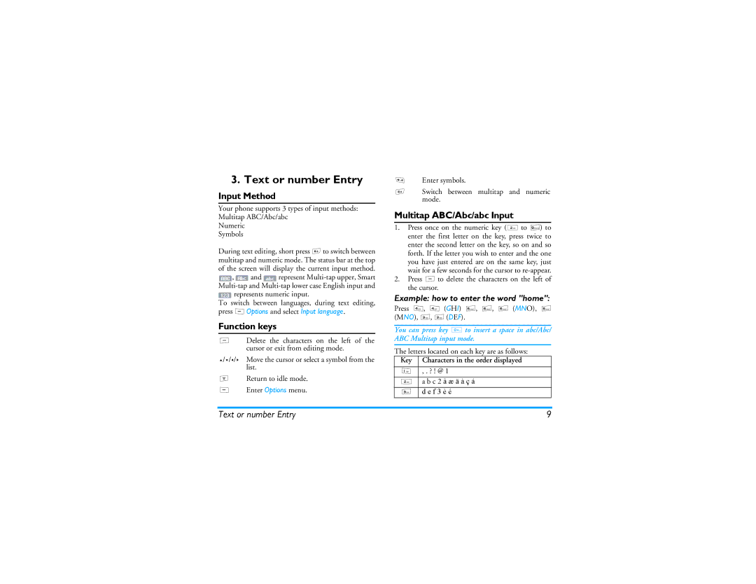 Philips 191 manual Text or number Entry, Input Method, Function keys, Multitap ABC/Abc/abc Input 